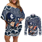 Carlton Blues Couples Matching Off Shoulder Short Dress and Long Sleeve Button Shirt Aboriginal Dot Pattern - Football Mascot Heritage Pride