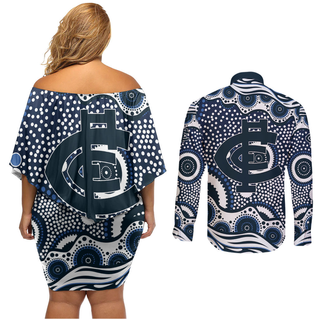 Carlton Blues Couples Matching Off Shoulder Short Dress and Long Sleeve Button Shirt Aboriginal Dot Pattern - Football Mascot Heritage Pride