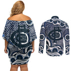 Carlton Blues Couples Matching Off Shoulder Short Dress and Long Sleeve Button Shirt Aboriginal Dot Pattern - Football Mascot Heritage Pride