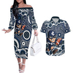 Carlton Blues Couples Matching Off The Shoulder Long Sleeve Dress and Hawaiian Shirt Aboriginal Dot Pattern - Football Mascot Heritage Pride