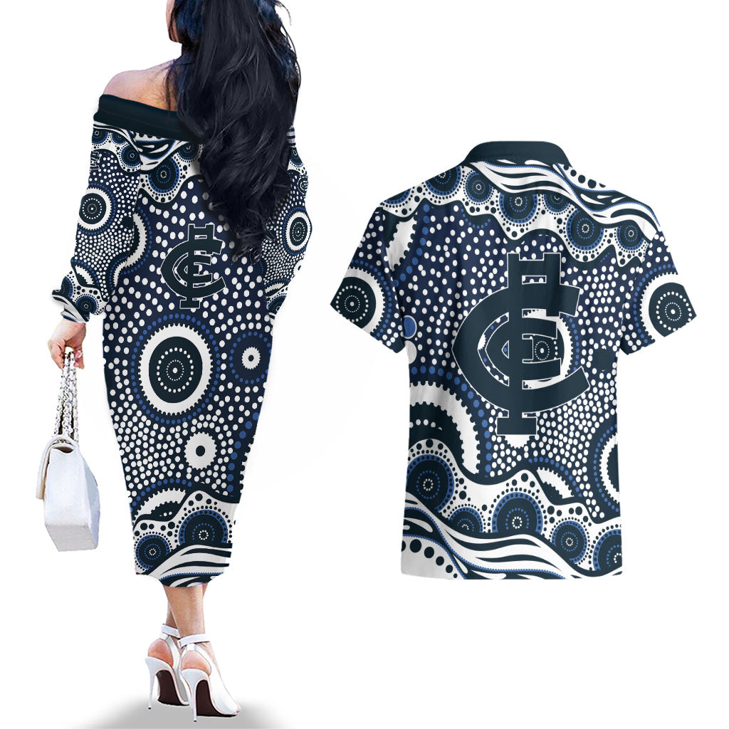 Carlton Blues Couples Matching Off The Shoulder Long Sleeve Dress and Hawaiian Shirt Aboriginal Dot Pattern - Football Mascot Heritage Pride