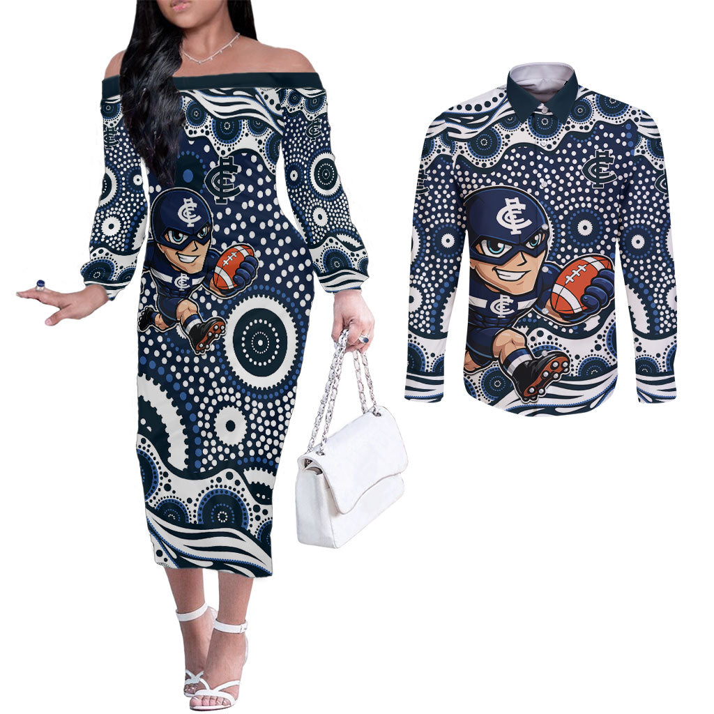 Carlton Blues Couples Matching Off The Shoulder Long Sleeve Dress and Long Sleeve Button Shirt Aboriginal Dot Pattern - Football Mascot Heritage Pride