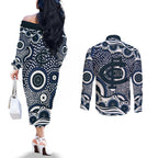 Carlton Blues Couples Matching Off The Shoulder Long Sleeve Dress and Long Sleeve Button Shirt Aboriginal Dot Pattern - Football Mascot Heritage Pride