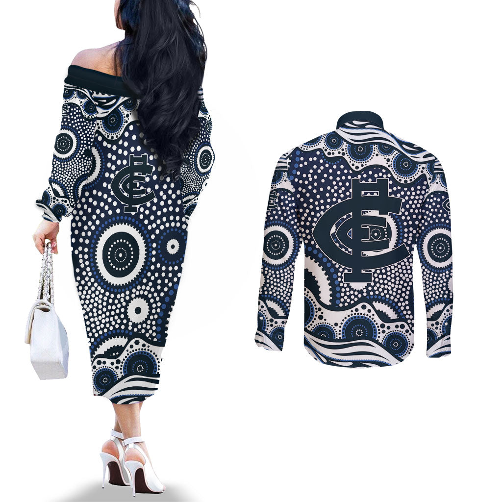 Carlton Blues Couples Matching Off The Shoulder Long Sleeve Dress and Long Sleeve Button Shirt Aboriginal Dot Pattern - Football Mascot Heritage Pride