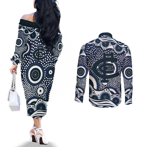 Carlton Blues Couples Matching Off The Shoulder Long Sleeve Dress and Long Sleeve Button Shirt Aboriginal Dot Pattern - Football Mascot Heritage Pride