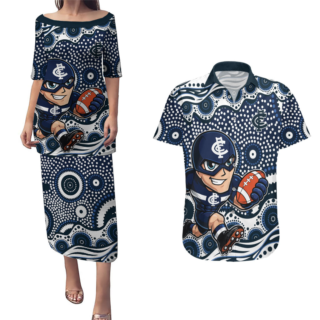 Carlton Blues Couples Matching Puletasi and Hawaiian Shirt Aboriginal Dot Pattern - Football Mascot Heritage Pride