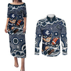 Carlton Blues Couples Matching Puletasi and Long Sleeve Button Shirt Aboriginal Dot Pattern - Football Mascot Heritage Pride