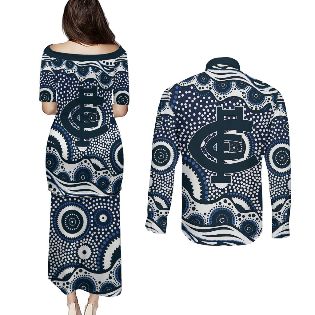 Carlton Blues Couples Matching Puletasi and Long Sleeve Button Shirt Aboriginal Dot Pattern - Football Mascot Heritage Pride