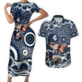 Carlton Blues Couples Matching Short Sleeve Bodycon Dress and Hawaiian Shirt Aboriginal Dot Pattern - Football Mascot Heritage Pride