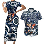 Carlton Blues Couples Matching Short Sleeve Bodycon Dress and Hawaiian Shirt Aboriginal Dot Pattern - Football Mascot Heritage Pride