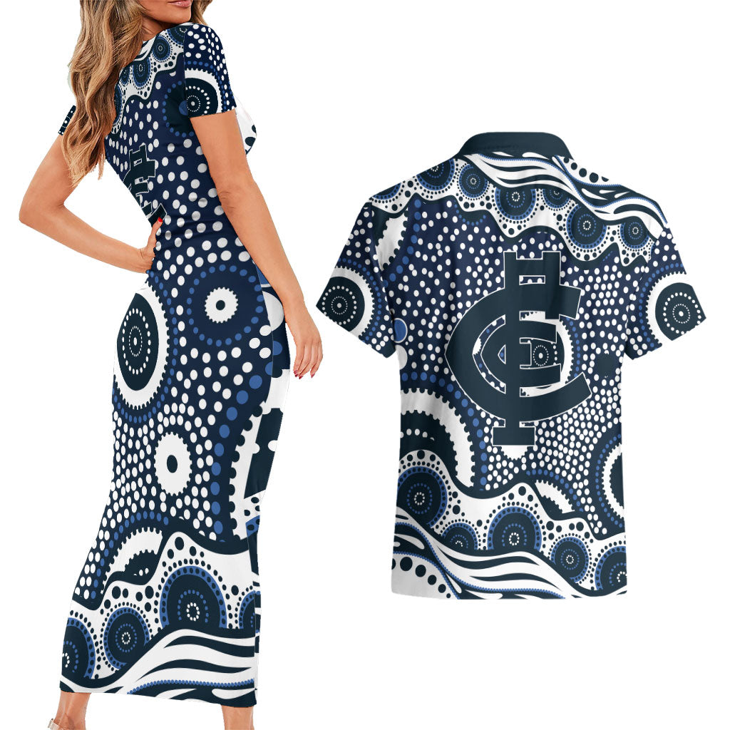 Carlton Blues Couples Matching Short Sleeve Bodycon Dress and Hawaiian Shirt Aboriginal Dot Pattern - Football Mascot Heritage Pride