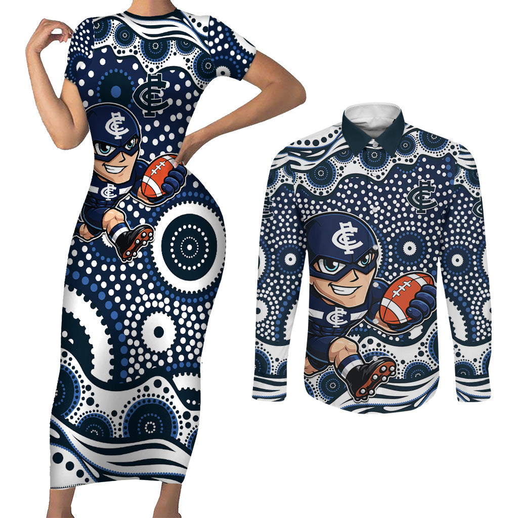 Carlton Blues Couples Matching Short Sleeve Bodycon Dress and Long Sleeve Button Shirt Aboriginal Dot Pattern - Football Mascot Heritage Pride