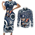 Carlton Blues Couples Matching Short Sleeve Bodycon Dress and Long Sleeve Button Shirt Aboriginal Dot Pattern - Football Mascot Heritage Pride