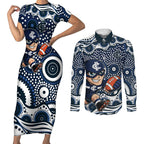 Carlton Blues Couples Matching Short Sleeve Bodycon Dress and Long Sleeve Button Shirt Aboriginal Dot Pattern - Football Mascot Heritage Pride