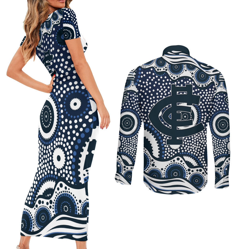 Carlton Blues Couples Matching Short Sleeve Bodycon Dress and Long Sleeve Button Shirt Aboriginal Dot Pattern - Football Mascot Heritage Pride