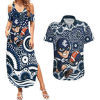 Carlton Blues Couples Matching Summer Maxi Dress and Hawaiian Shirt Aboriginal Dot Pattern - Football Mascot Heritage Pride