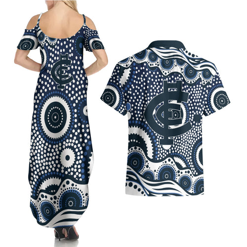 Carlton Blues Couples Matching Summer Maxi Dress and Hawaiian Shirt Aboriginal Dot Pattern - Football Mascot Heritage Pride