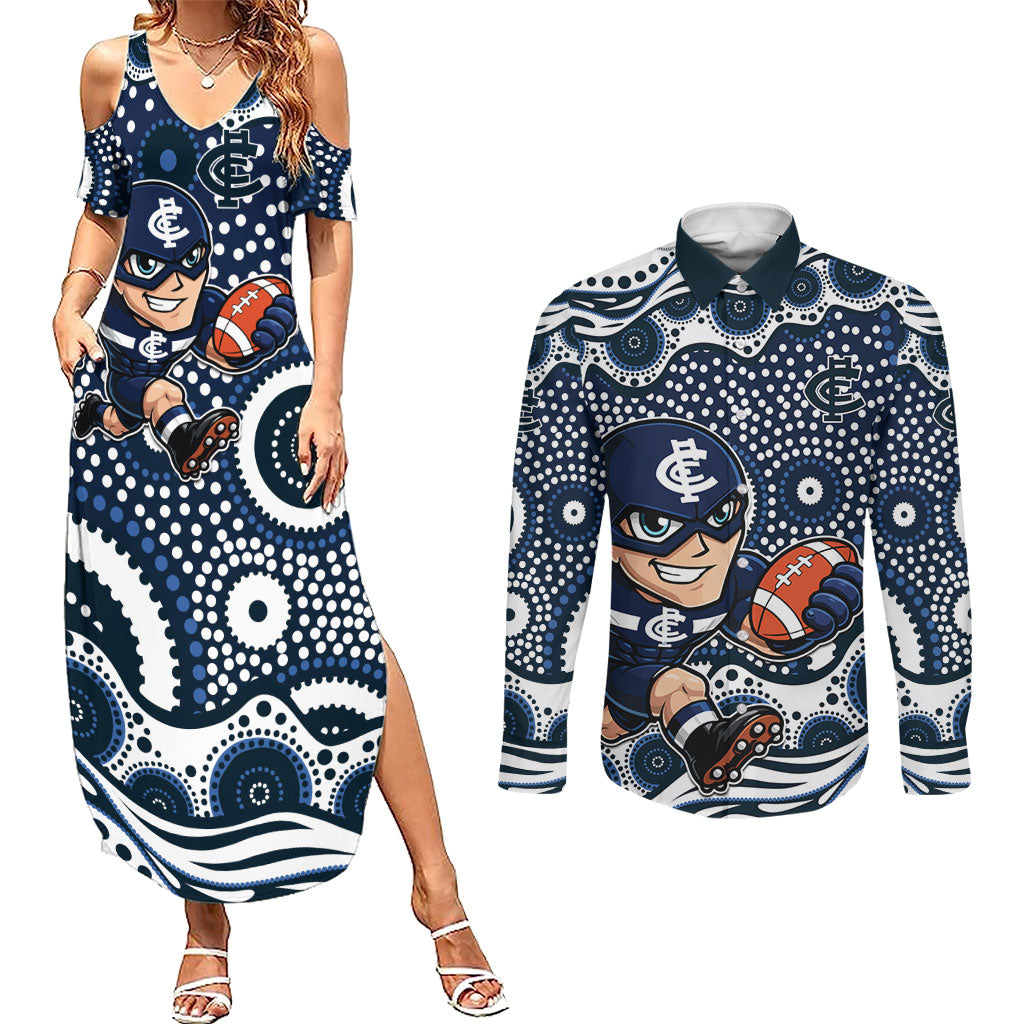 Carlton Blues Couples Matching Summer Maxi Dress and Long Sleeve Button Shirt Aboriginal Dot Pattern - Football Mascot Heritage Pride