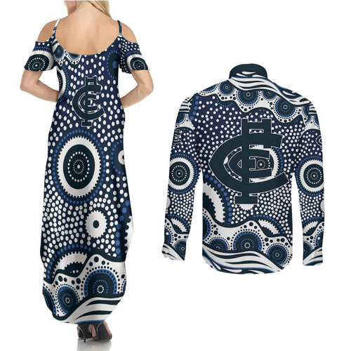 Carlton Blues Couples Matching Summer Maxi Dress and Long Sleeve Button Shirt Aboriginal Dot Pattern - Football Mascot Heritage Pride