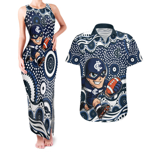 Carlton Blues Couples Matching Tank Maxi Dress and Hawaiian Shirt Aboriginal Dot Pattern - Football Mascot Heritage Pride