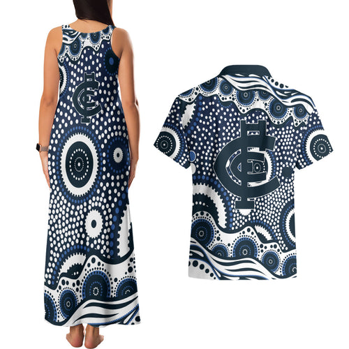 Carlton Blues Couples Matching Tank Maxi Dress and Hawaiian Shirt Aboriginal Dot Pattern - Football Mascot Heritage Pride