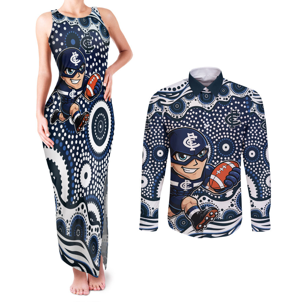 Carlton Blues Couples Matching Tank Maxi Dress and Long Sleeve Button Shirt Aboriginal Dot Pattern - Football Mascot Heritage Pride
