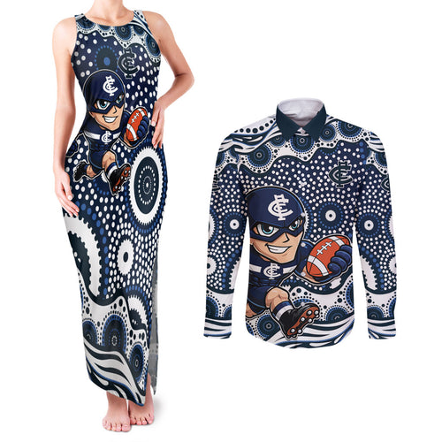 Carlton Blues Couples Matching Tank Maxi Dress and Long Sleeve Button Shirt Aboriginal Dot Pattern - Football Mascot Heritage Pride