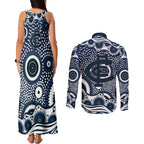 Carlton Blues Couples Matching Tank Maxi Dress and Long Sleeve Button Shirt Aboriginal Dot Pattern - Football Mascot Heritage Pride