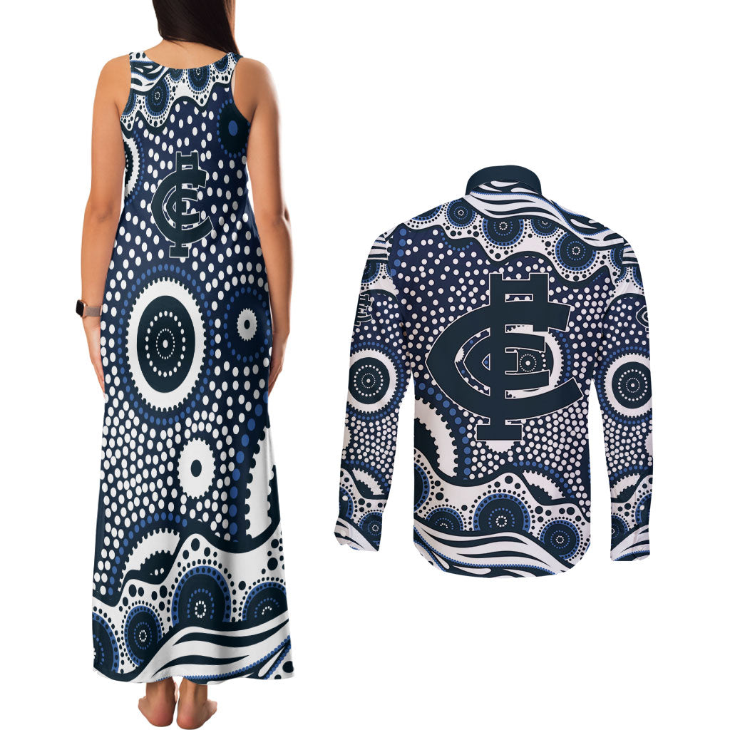 Carlton Blues Couples Matching Tank Maxi Dress and Long Sleeve Button Shirt Aboriginal Dot Pattern - Football Mascot Heritage Pride