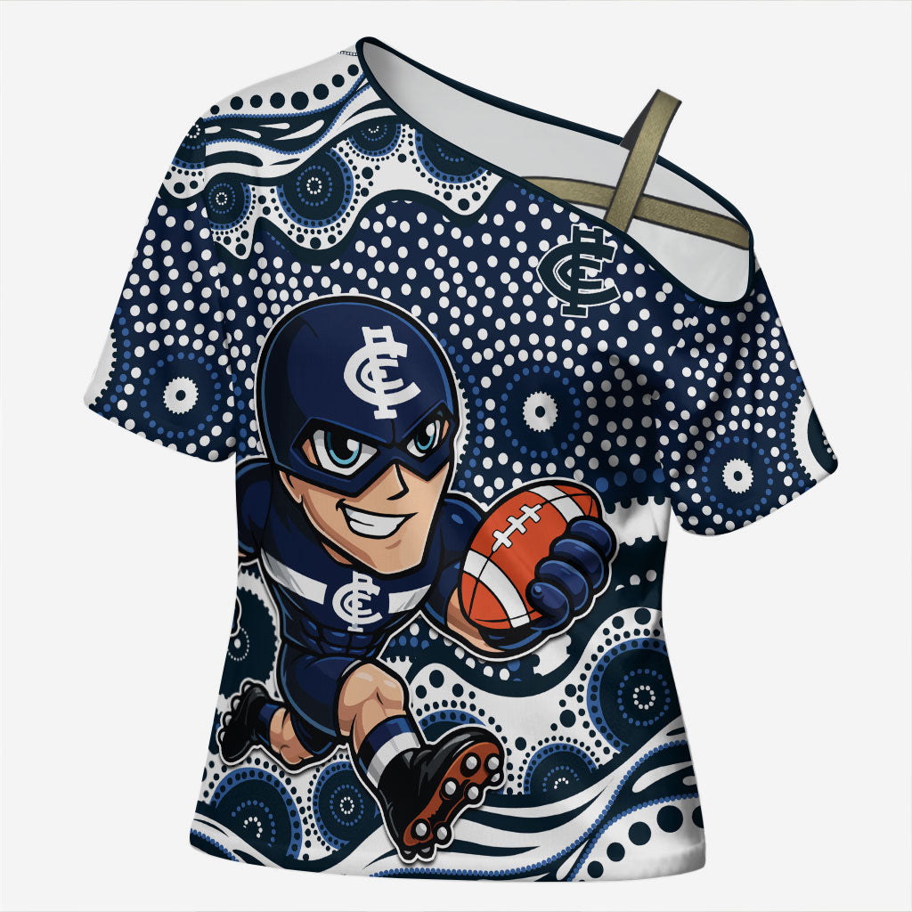 Carlton Blues Cross Shoulder Shirt Aboriginal Dot Pattern - Football Mascot Heritage Pride