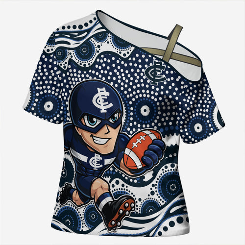 Carlton Blues Cross Shoulder Shirt Aboriginal Dot Pattern - Football Mascot Heritage Pride