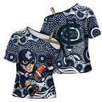 Carlton Blues Cross Shoulder Shirt Aboriginal Dot Pattern - Football Mascot Heritage Pride
