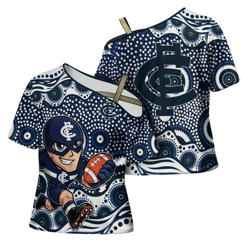 Carlton Blues Cross Shoulder Shirt Aboriginal Dot Pattern - Football Mascot Heritage Pride