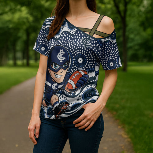 Carlton Blues Cross Shoulder Shirt Aboriginal Dot Pattern - Football Mascot Heritage Pride