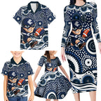 Carlton Blues Family Matching Long Sleeve Bodycon Dress and Hawaiian Shirt Aboriginal Dot Pattern - Football Mascot Heritage Pride