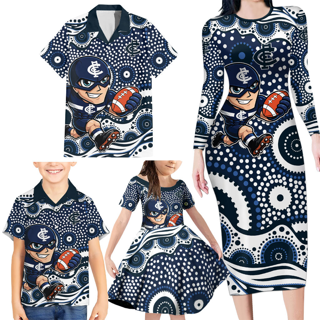 Carlton Blues Family Matching Long Sleeve Bodycon Dress and Hawaiian Shirt Aboriginal Dot Pattern - Football Mascot Heritage Pride