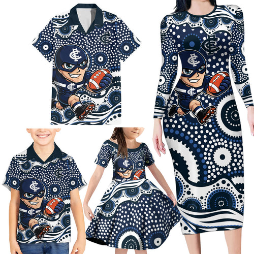 Carlton Blues Family Matching Long Sleeve Bodycon Dress and Hawaiian Shirt Aboriginal Dot Pattern - Football Mascot Heritage Pride