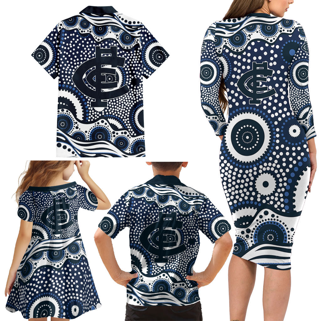 Carlton Blues Family Matching Long Sleeve Bodycon Dress and Hawaiian Shirt Aboriginal Dot Pattern - Football Mascot Heritage Pride