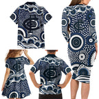 Carlton Blues Family Matching Long Sleeve Bodycon Dress and Hawaiian Shirt Aboriginal Dot Pattern - Football Mascot Heritage Pride