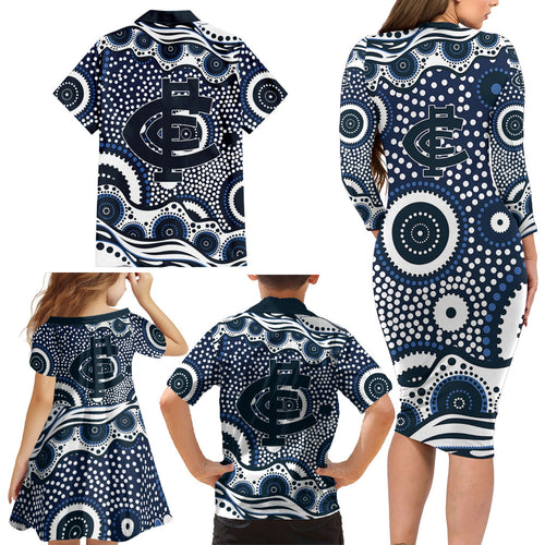 Carlton Blues Family Matching Long Sleeve Bodycon Dress and Hawaiian Shirt Aboriginal Dot Pattern - Football Mascot Heritage Pride