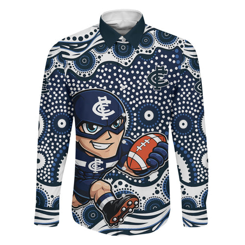 Carlton Blues Family Matching Long Sleeve Bodycon Dress and Hawaiian Shirt Aboriginal Dot Pattern - Football Mascot Heritage Pride