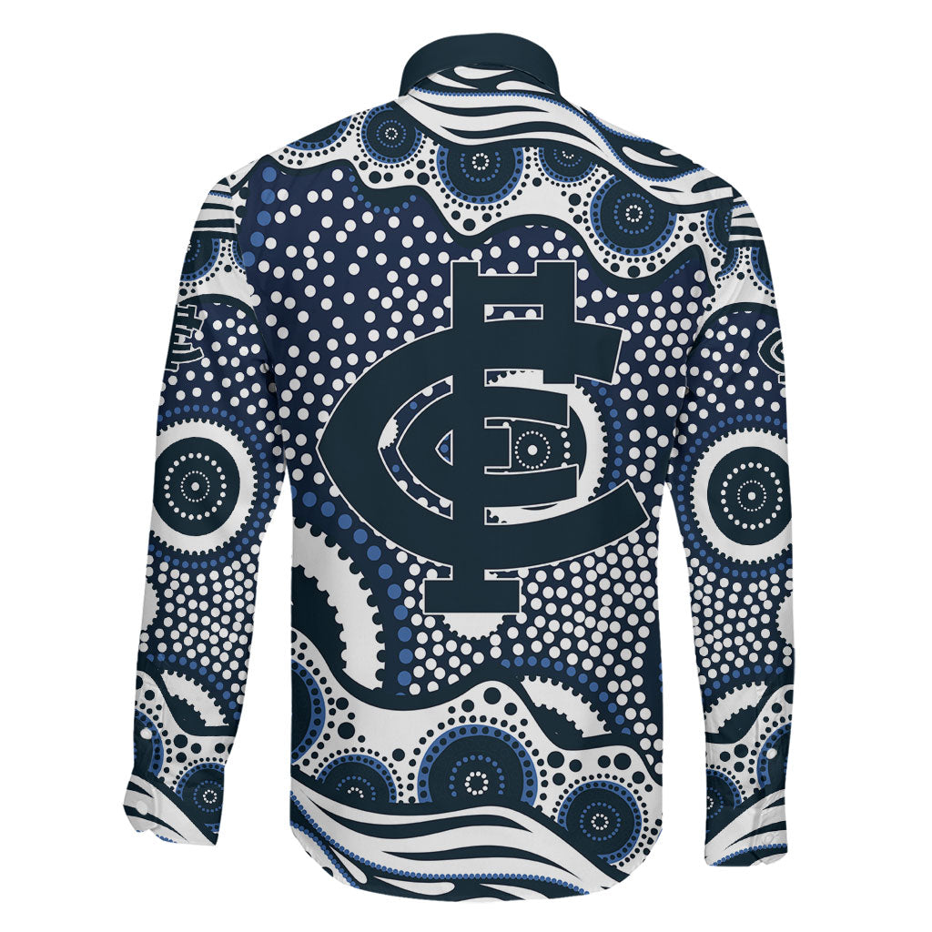 Carlton Blues Family Matching Long Sleeve Bodycon Dress and Hawaiian Shirt Aboriginal Dot Pattern - Football Mascot Heritage Pride