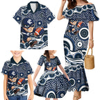 Carlton Blues Family Matching Mermaid Dress and Hawaiian Shirt Aboriginal Dot Pattern - Football Mascot Heritage Pride