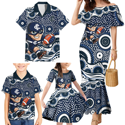 Carlton Blues Family Matching Mermaid Dress and Hawaiian Shirt Aboriginal Dot Pattern - Football Mascot Heritage Pride