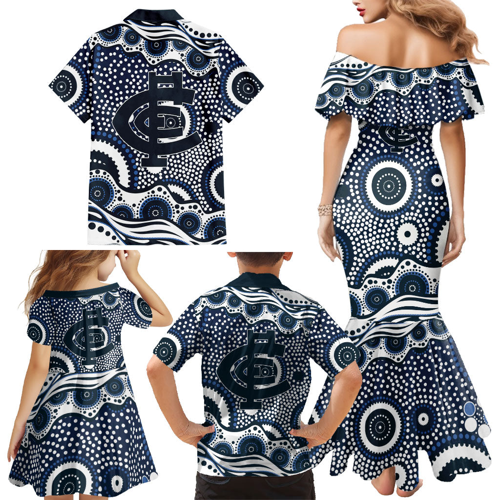 Carlton Blues Family Matching Mermaid Dress and Hawaiian Shirt Aboriginal Dot Pattern - Football Mascot Heritage Pride