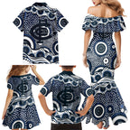 Carlton Blues Family Matching Mermaid Dress and Hawaiian Shirt Aboriginal Dot Pattern - Football Mascot Heritage Pride
