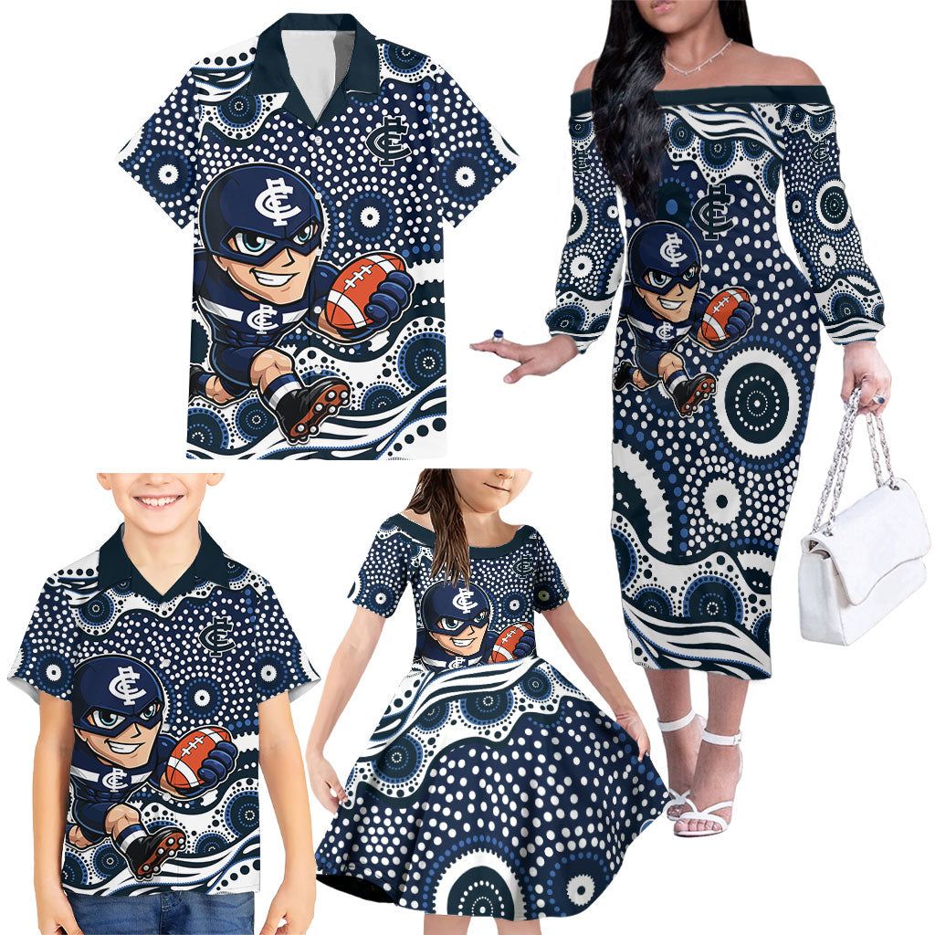 Carlton Blues Family Matching Off The Shoulder Long Sleeve Dress and Hawaiian Shirt Aboriginal Dot Pattern - Football Mascot Heritage Pride