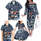 Carlton Blues Family Matching Off The Shoulder Long Sleeve Dress and Hawaiian Shirt Aboriginal Dot Pattern - Football Mascot Heritage Pride