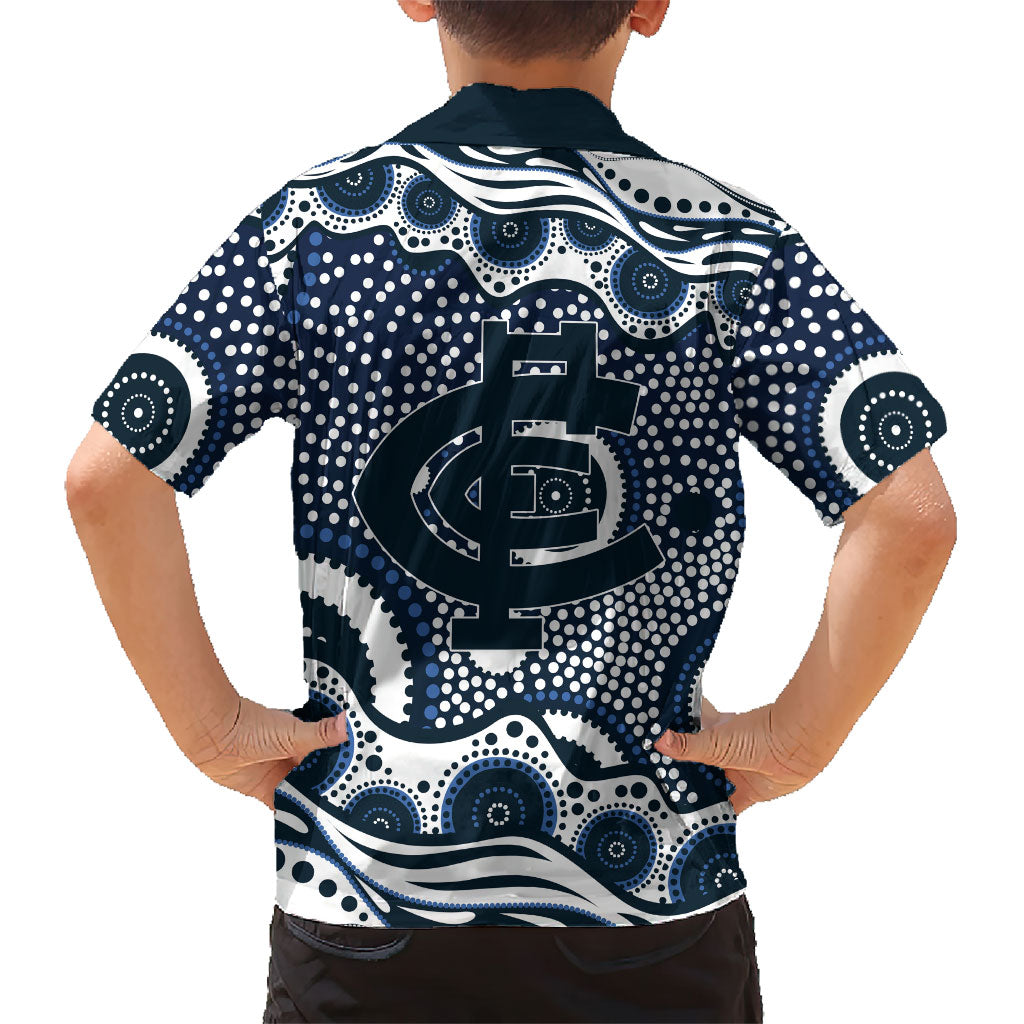 Carlton Blues Family Matching Off The Shoulder Long Sleeve Dress and Hawaiian Shirt Aboriginal Dot Pattern - Football Mascot Heritage Pride