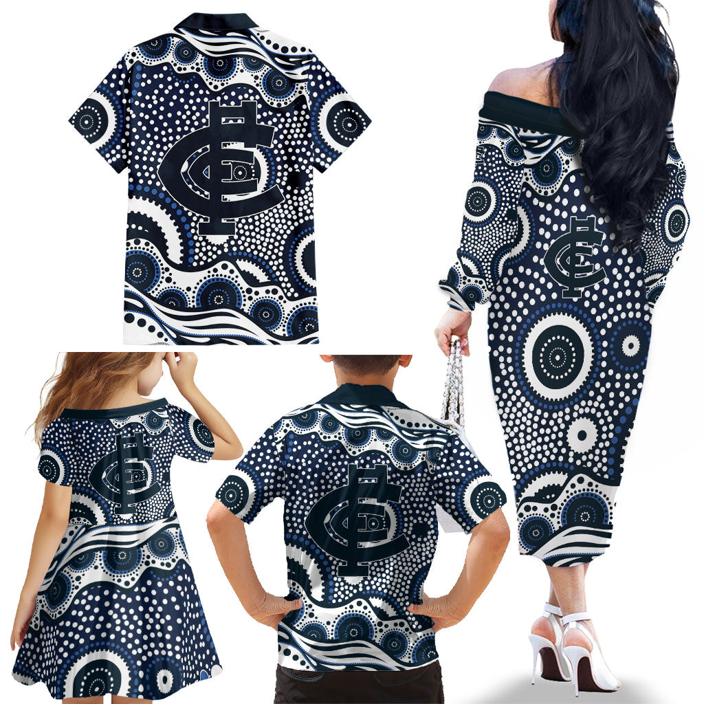 Carlton Blues Family Matching Off The Shoulder Long Sleeve Dress and Hawaiian Shirt Aboriginal Dot Pattern - Football Mascot Heritage Pride